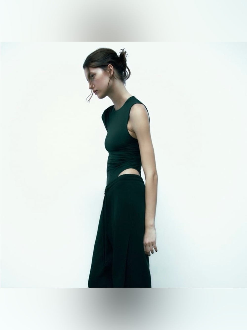 Zara Dark Forest Green Asymmetric One Sleeve Ruched Bodysuit Y2K Going Out Top